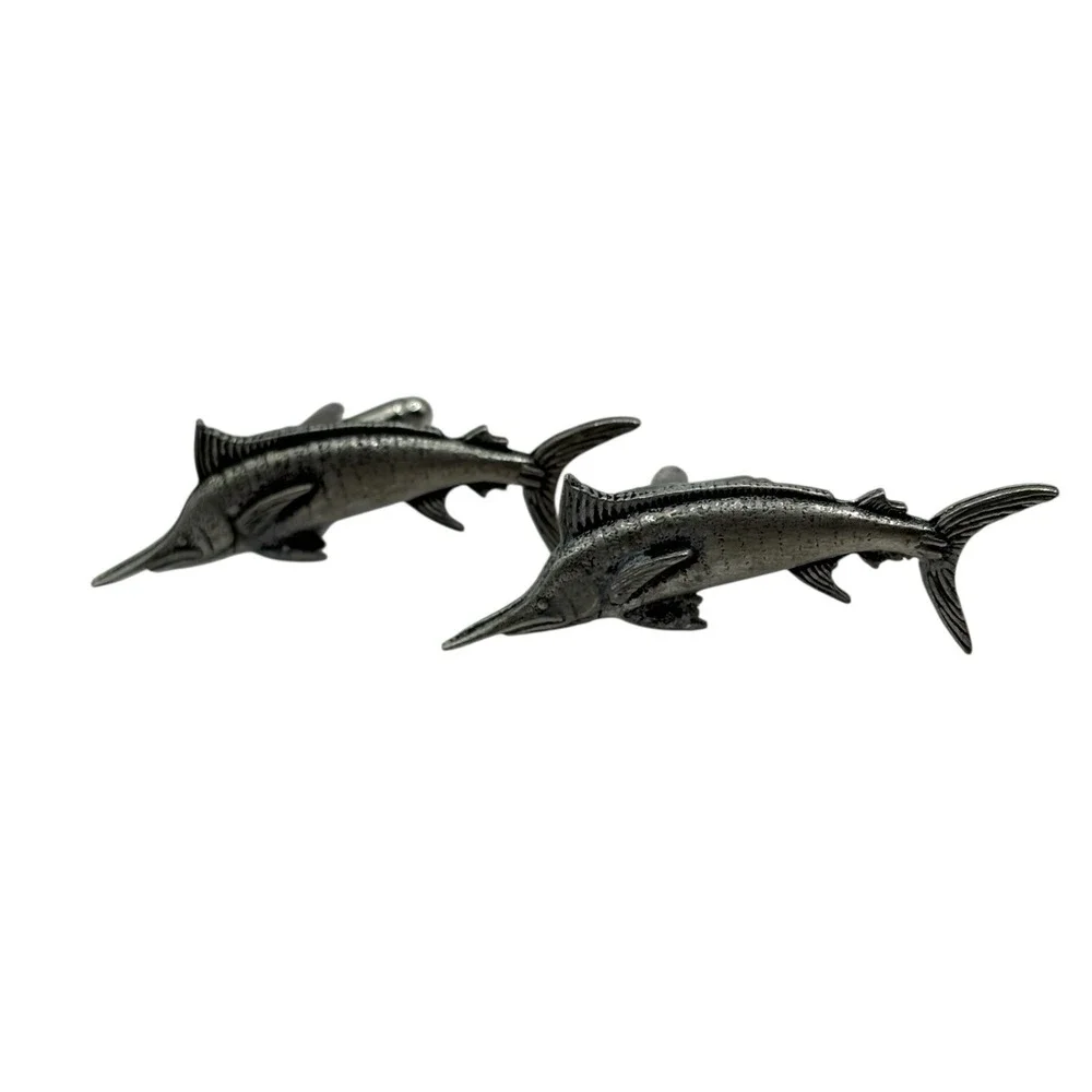 Swordfish Cufflinks Mid Century Silver‎ Tone Marlin Fish Ocean VTG Fishing READ